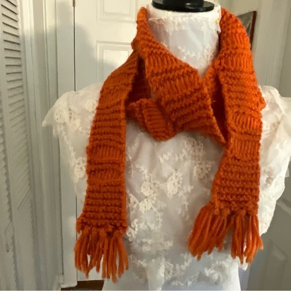 Burnt Orange Ribbed Knit Long Scarf Fringe